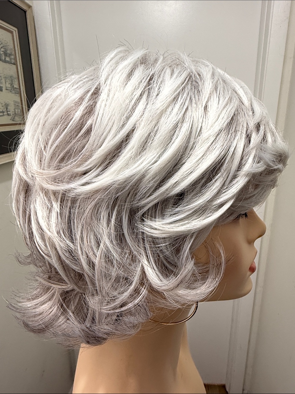 HAIR, Layered Pixie Cut with bangs, Silver/Gray/White with Eyelashes